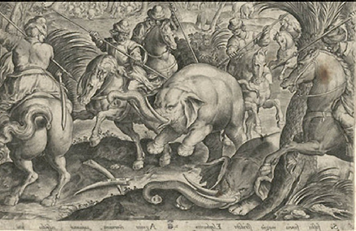 Laterza earthenware dish "The elephant hunt" - Seventeenth century