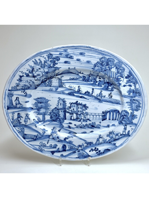 Nevers - Large oval platter in blue monochrome - Seventeenth century