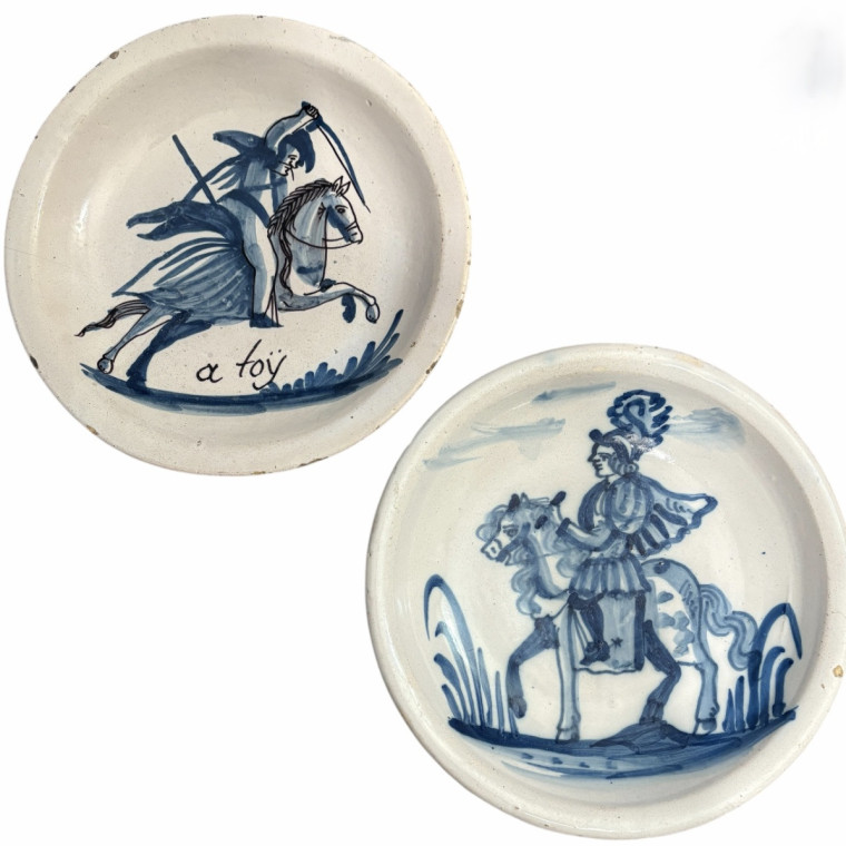 Two earthenware dishes decorated with horsemen from northern France - Eighteenth century