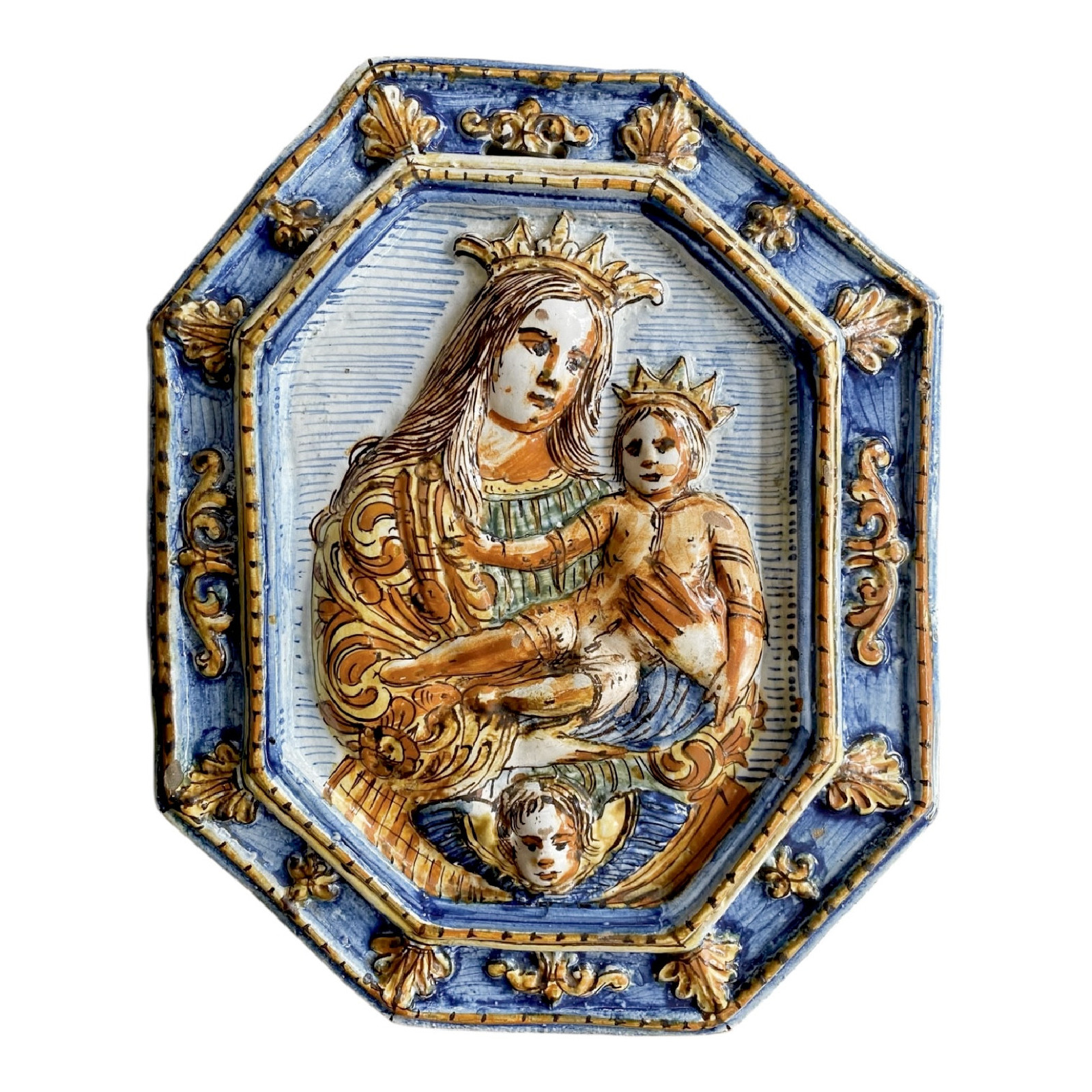 Plaque en majolique italienne figurant la vierge à l'enfant  - XVIIIe siècle
