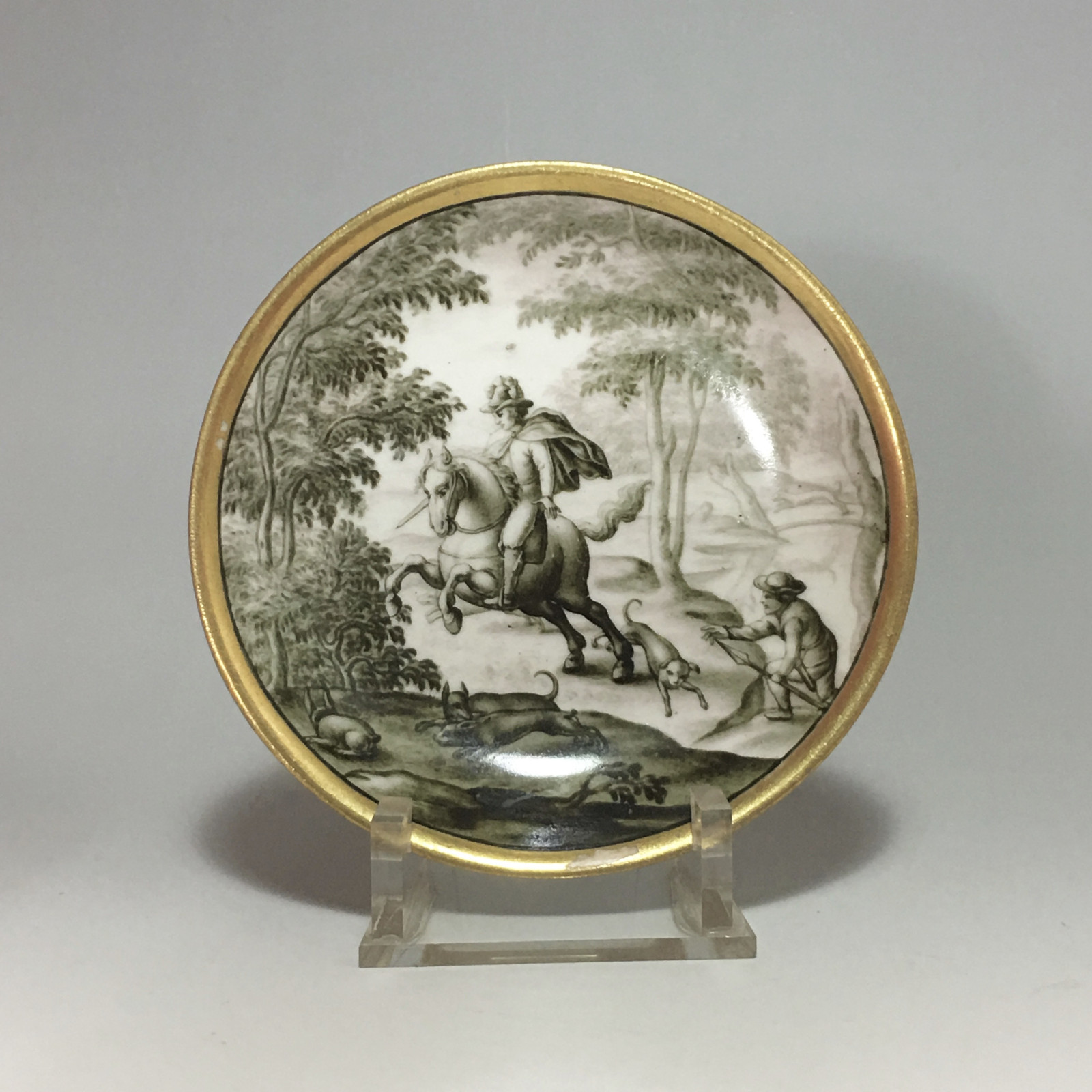 MEISSEN - Rare cup and saucer with hausmaler decor in grisaille of a hunting scene - 18th century - circa 1730