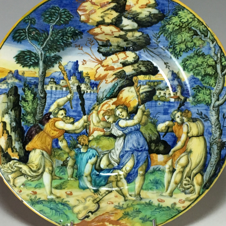 Urbino majolica dish "Orpheus and the Bacchae" School of Xanto - circa 1540
