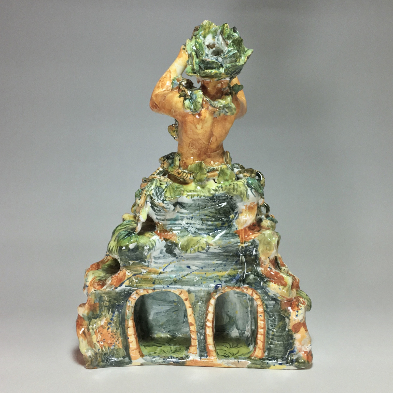 Fontaine figurant Bacchus en majolique d’Urbino, Atelier de Patanazzi vers 1580.