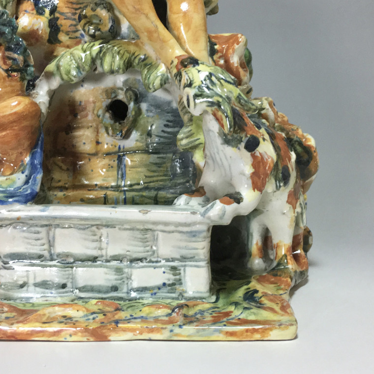 Fountain depicting Bacchus in majolica from Urbino, Patanazzi workshop circa 1580.