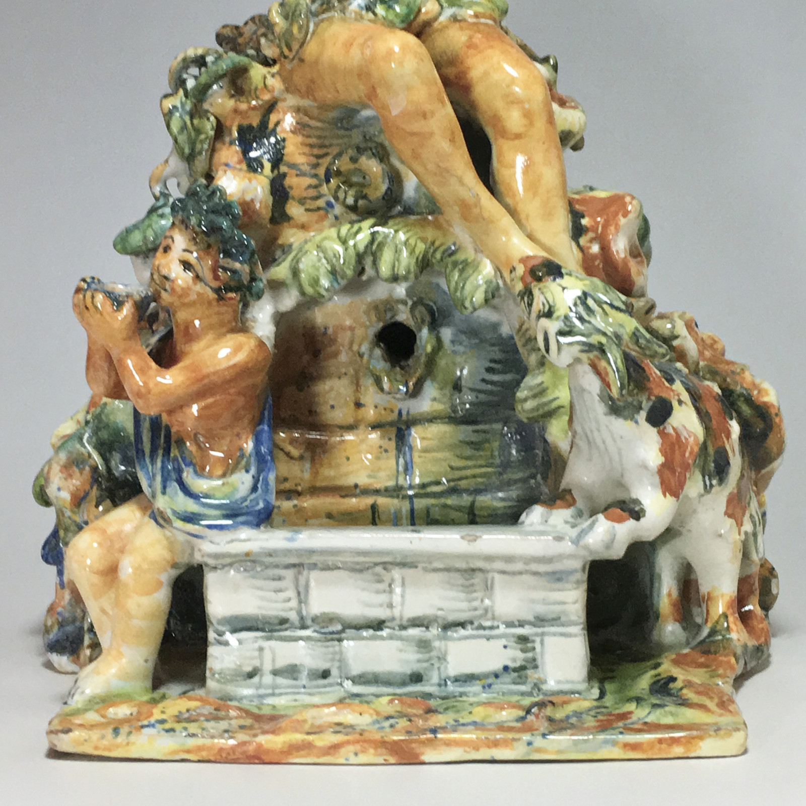 Fountain depicting Bacchus in majolica from Urbino, Patanazzi workshop circa 1580.