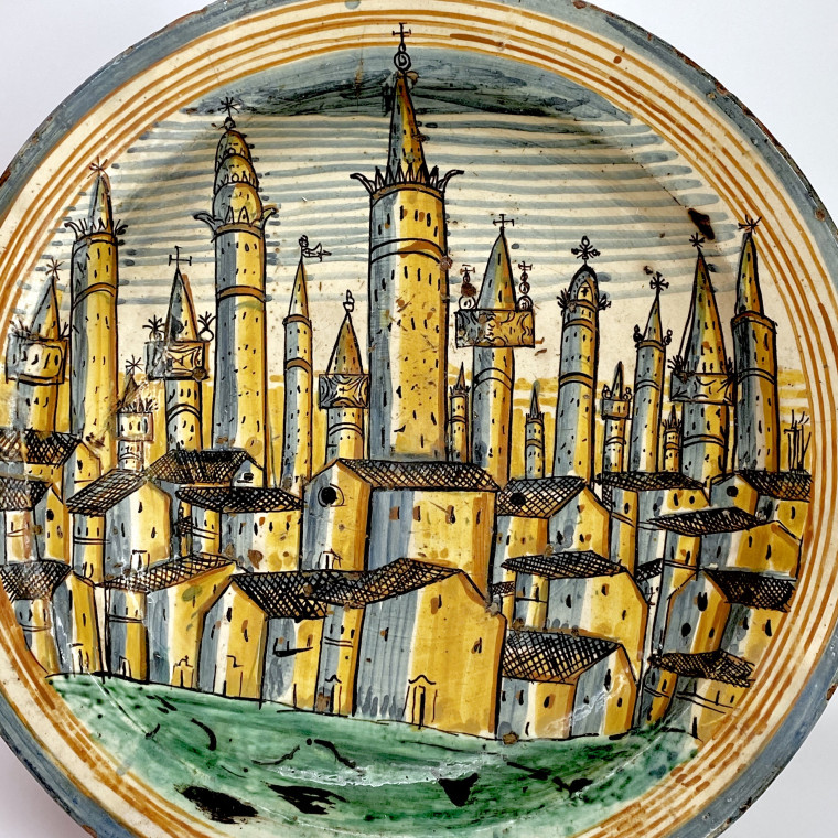 Montelupo - Exceptionnel grand plat figurant la ville de San Gimignano - XVIIe siècle