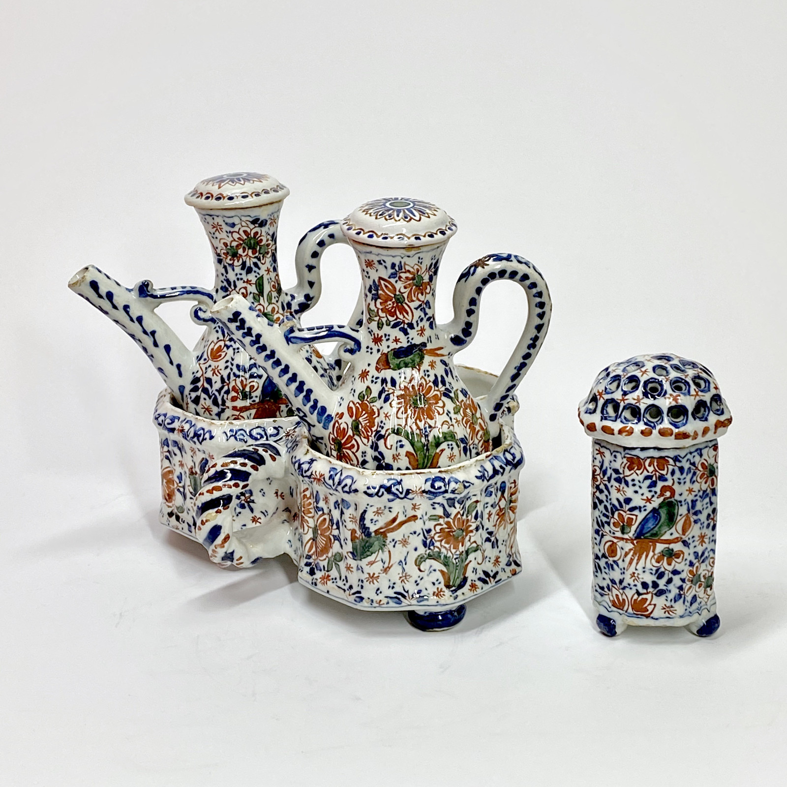 Delft - Rare polychrome cruet holder with three compartments - Eighteenth century